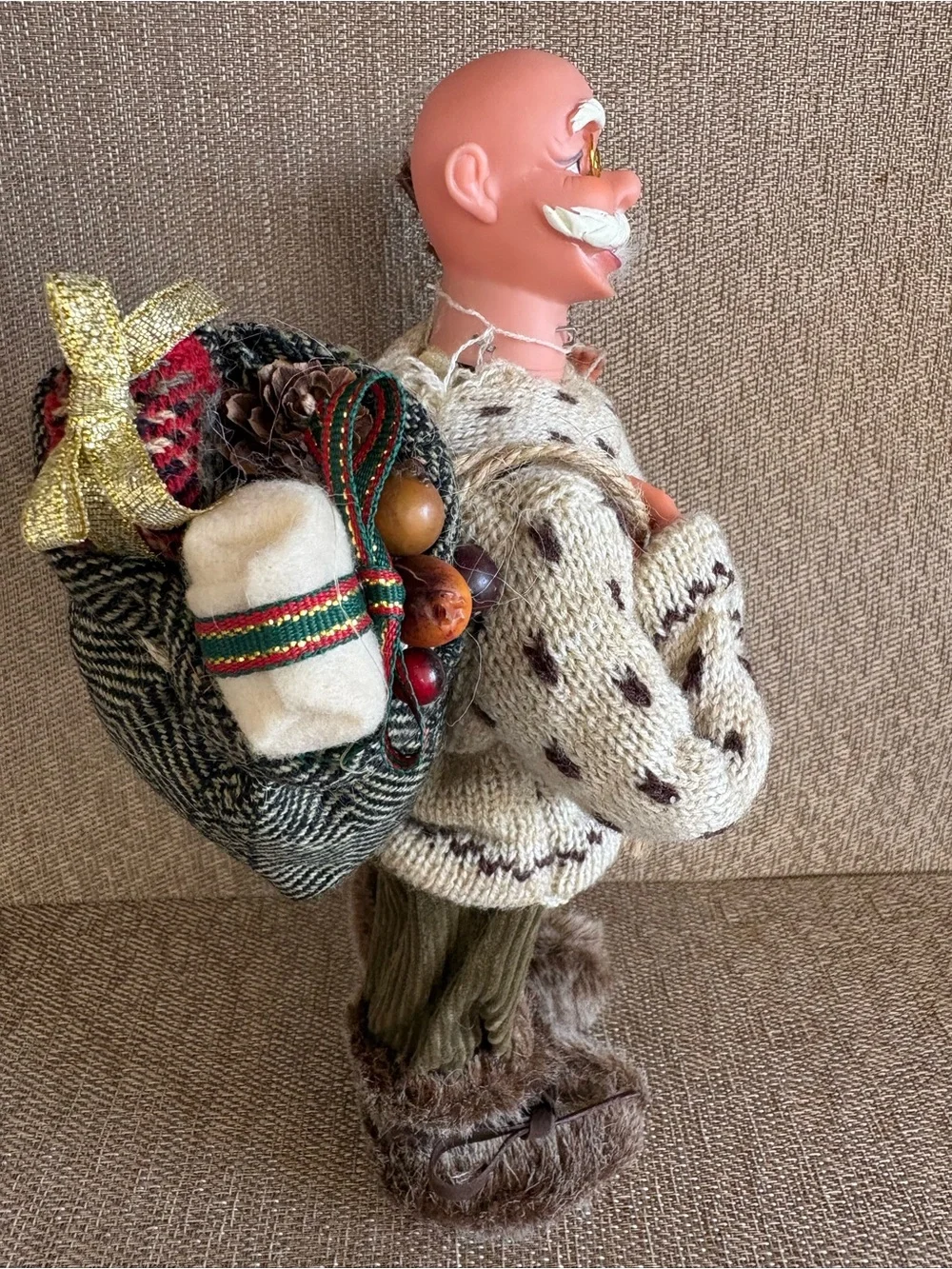 Nordic Old Man Santa Claus Doll Reindeer Knit Sweater Twig Bundle Rustic Holiday